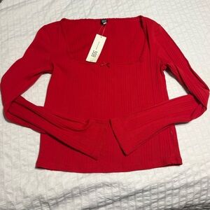 BDG Red Long Sleeve Top with Bow Detail